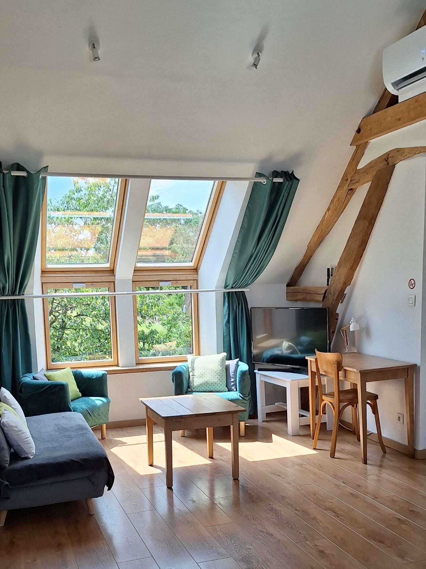 Gîte Le Petit Verger - Salon avec télévision, bureau et climatisation